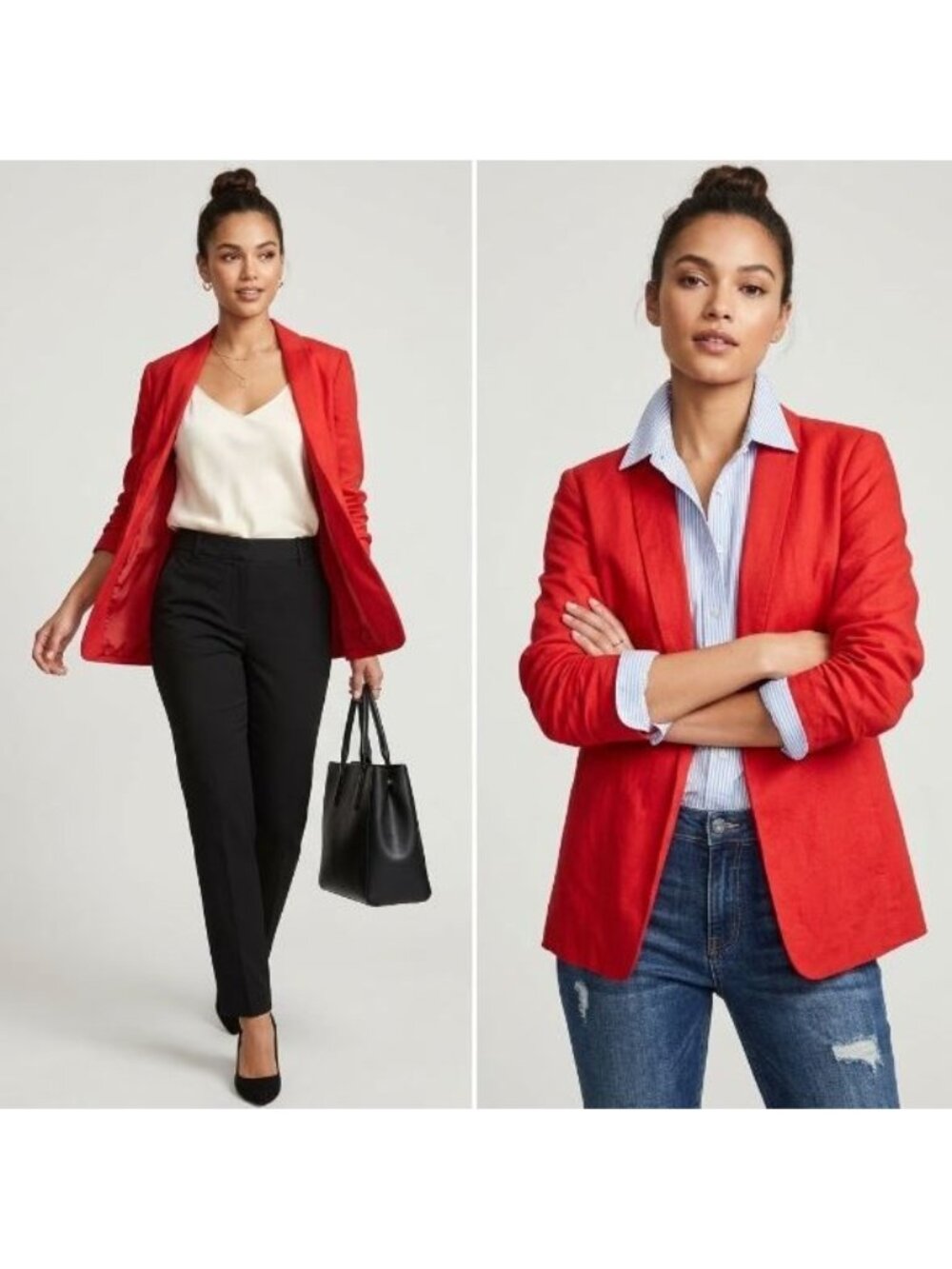 H&M Open-Front Blazer Jacket Size 14 Drape Collar 3/4 Sleeves Fully Lined Red